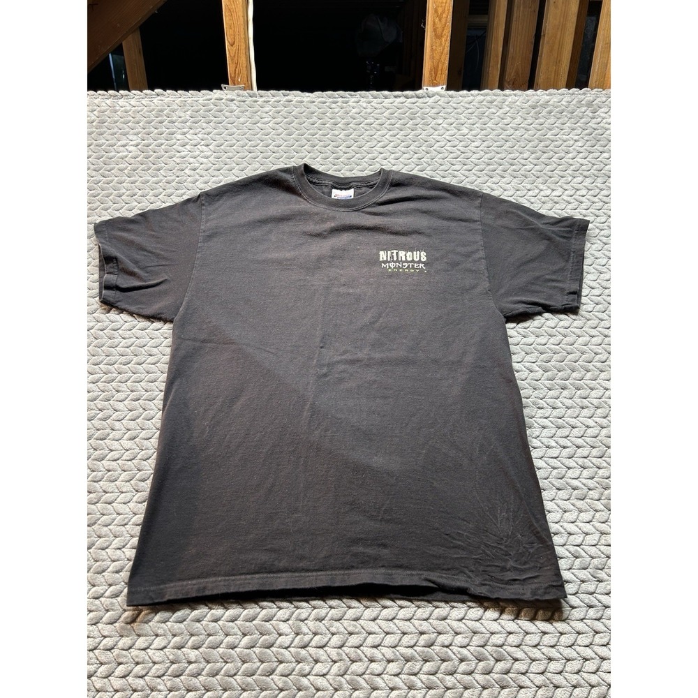 Y2K Monster Energy Men's Size Large Stacked Logo Black Graphic T-Shirt Hanes